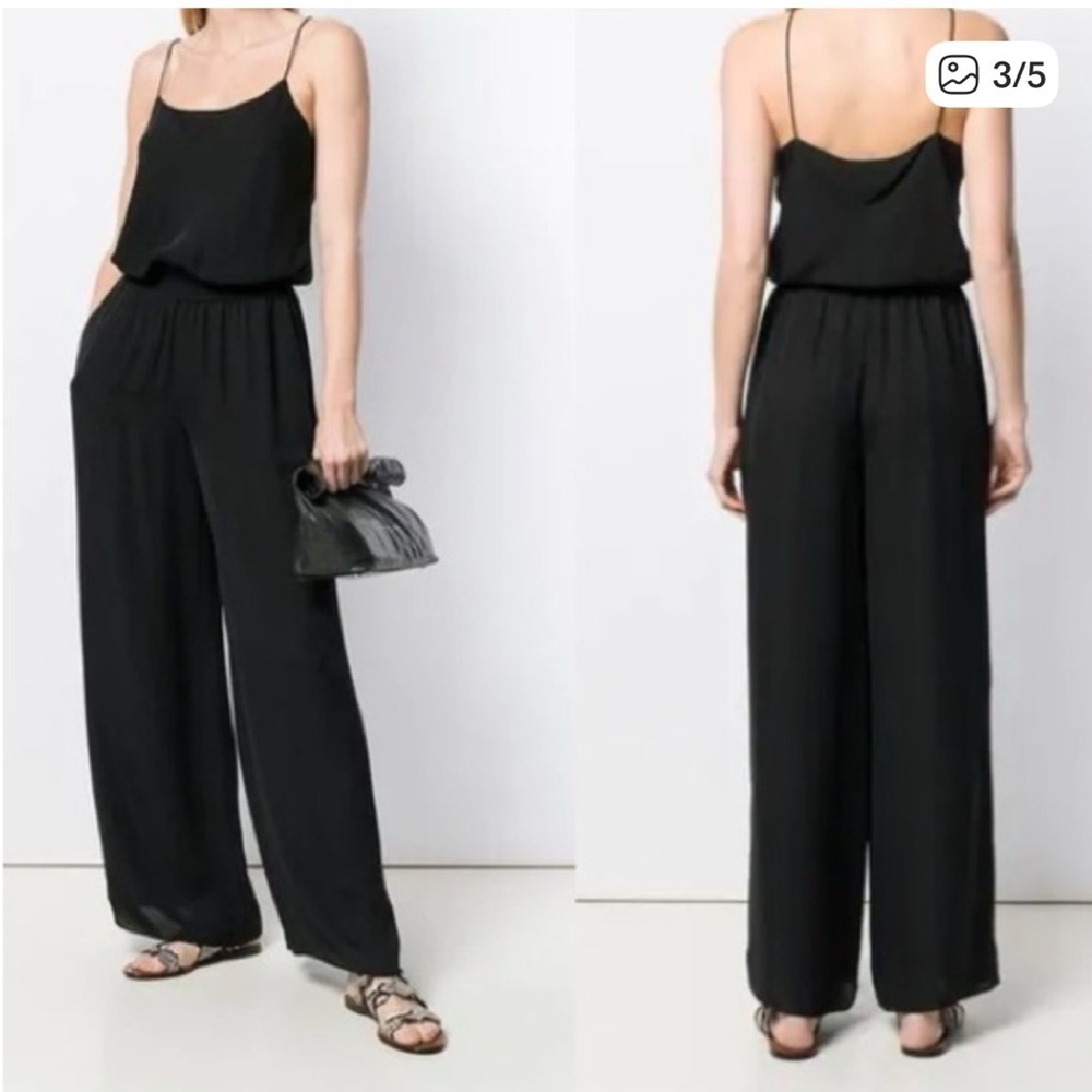 Theory Silk Black Tie Strap Jumpsuit Romper Pockets Wide Leg Elastic Waist P